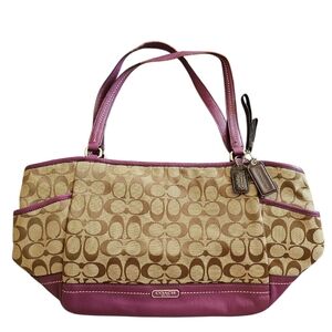 Coach Carrie Y2K TanCanvas and Purple Leather SignatureLogo Side PocketsTote Bag